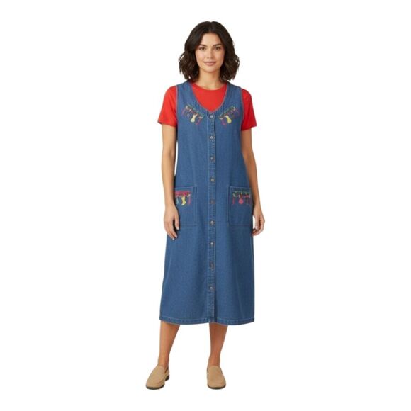 Denim Maxi Jumper Dress Christmas Holiday Embroidered Pockets L Westbound READ - Picture 1 of 13